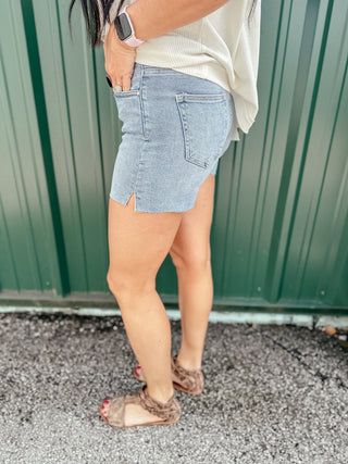Matt High Rise Raw Hem Denim Shorts-Shorts-Risen-Motis & Co Boutique, Women's Fashion Boutique in Carthage, Missouri