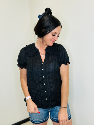 Nora Black Peter Pan Collar Blouse-Short Sleeves-GiGiO-Motis & Co Boutique, Women's Fashion Boutique in Carthage, Missouri
