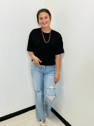 Gail Half Sleeve Black Scuba Top-Short Sleeves-Jodifl-Motis & Co Boutique, Women's Fashion Boutique in Carthage, Missouri