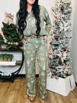 Lynn Western Print Pants - Olive-Pants-Taelynn-Motis & Co Boutique, Women's Fashion Boutique in Carthage, Missouri