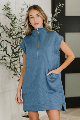 Easy Hustle High Neck Dress in Dusty Blue-Dresses-Ave Shops-Motis & Co Boutique, Women's Fashion Boutique in Carthage, Missouri