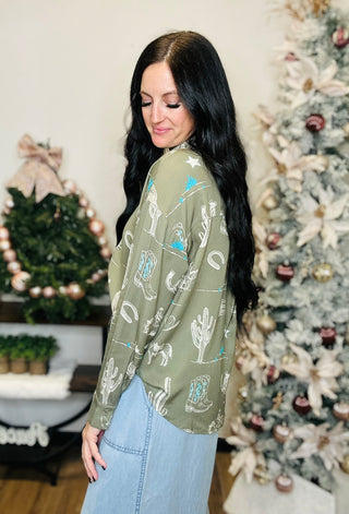Tae Western Print Button Down - Olive-Long Sleeves-Taelynn-Motis & Co Boutique, Women's Fashion Boutique in Carthage, Missouri