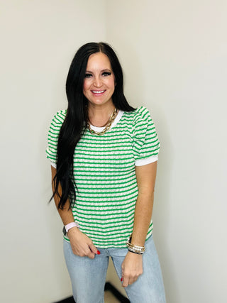 Tiffany Textured Green Striped Top-Short Sleeves-Jodifl-Motis & Co Boutique, Women's Fashion Boutique in Carthage, Missouri