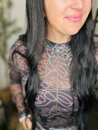 Rodeo Black and Tan Mesh Top-Long Sleeves-MOTIS-Motis & Co Boutique, Women's Fashion Boutique in Carthage, Missouri
