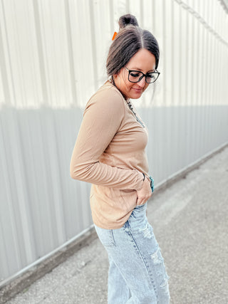 Sassy Ribbed V Neck Long Sleeve Taupe Top-Long Sleeves-Jodifl-Motis & Co Boutique, Women's Fashion Boutique in Carthage, Missouri