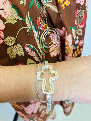 Two Tone Hammered Cross Spring Bracelet-Bracelets-Motis & CO-Motis & Co Boutique, Women's Fashion Boutique in Carthage, Missouri