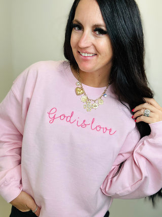 God is Love Embroidered Pink Sweatshirt-graphic Sweatshirt-Dash Forward-Motis & Co Boutique, Women's Fashion Boutique in Carthage, Missouri
