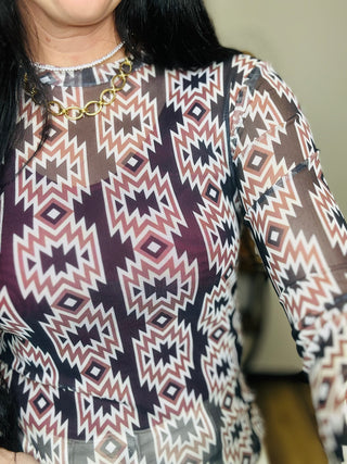 Allie Aztec Black Western Mesh Top-Long Sleeves-Turquoise Haven-Motis & Co Boutique, Women's Fashion Boutique in Carthage, Missouri