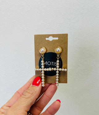 Pearl Cross Pendant Earrings-Earrings-Carol Su-Motis & Co Boutique, Women's Fashion Boutique in Carthage, Missouri