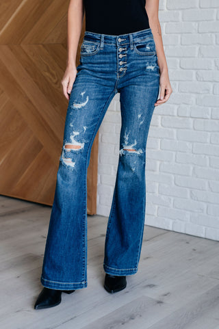 Judy Blue Gabriella Mid Rise Distressed Button Fly Flare-Jeans-Ave Shops-Motis & Co Boutique, Women's Fashion Boutique in Carthage, Missouri