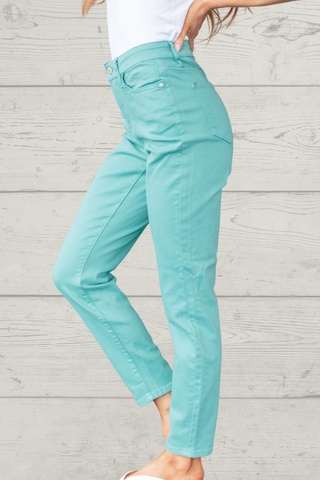 Bridgette High Rise Garment Dyed Slim Jeans in Aquamarine-Jeans-Ave-Motis & Co Boutique, Women's Fashion Boutique in Carthage, Missouri