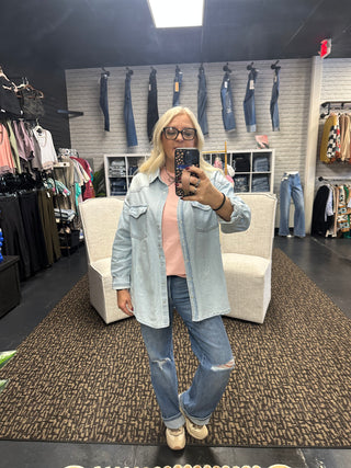Beth Pearl Snap Light Denim Shirt-Long Sleeves-Risen-Motis & Co Boutique, Women's Fashion Boutique in Carthage, Missouri