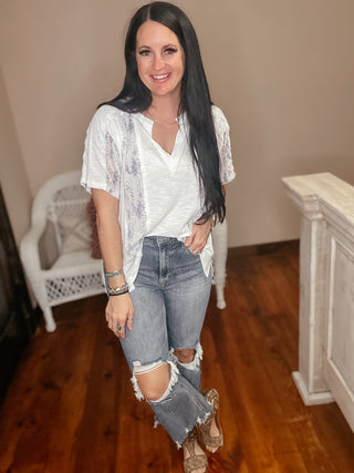 Mention Me Floral Accent Top in Ivory-Short Sleeves-POL-Motis & Co Boutique, Women's Fashion Boutique in Carthage, Missouri