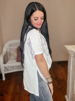 Mention Me Floral Accent Top in Ivory-Short Sleeves-POL-Motis & Co Boutique, Women's Fashion Boutique in Carthage, Missouri