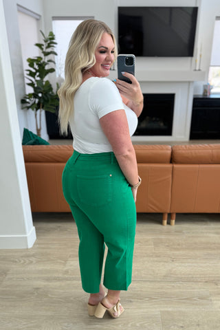 Judy Blue Lisa High Rise Control Top Wide Leg Crop Jeans in Kelly Green-Jeans-Ave-Motis & Co Boutique, Women's Fashion Boutique in Carthage, Missouri