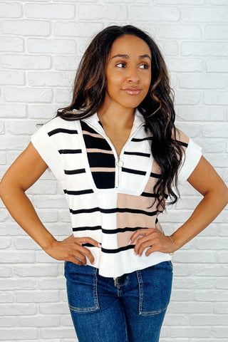 Lonely Traveler Striped Quarter Zip Vest in White-Womens-Ave Shops-Motis & Co Boutique, Women's Fashion Boutique in Carthage, Missouri