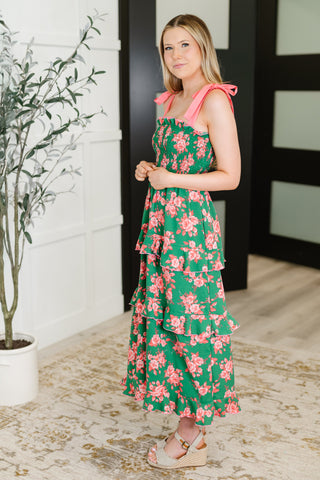 Low Effort, High Impact Tiered Dress in Green/Coral-Dresses-Ave Shops-Motis & Co Boutique, Women's Fashion Boutique in Carthage, Missouri
