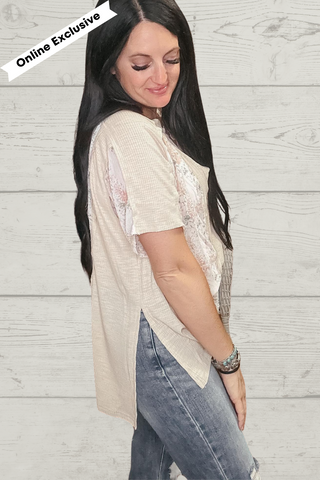 Mention Me Floral Accent Top in Toasted Almond-Short Sleeves-POL-Motis & Co Boutique, Women's Fashion Boutique in Carthage, Missouri