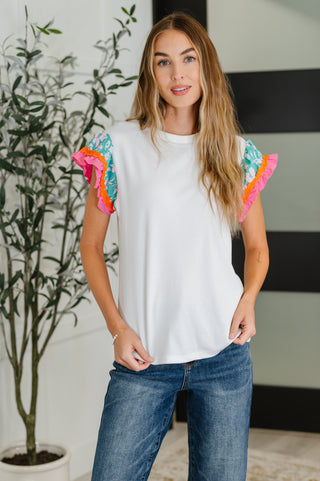 Petals & Poise Floral Flutter Sleeve Top in White-Short Sleeves-Ave Shops-Motis & Co Boutique, Women's Fashion Boutique in Carthage, Missouri