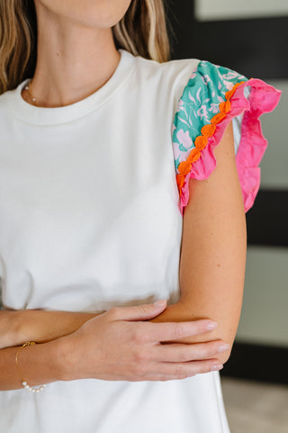 Petals & Poise Floral Flutter Sleeve Top in White-Short Sleeves-Ave Shops-Motis & Co Boutique, Women's Fashion Boutique in Carthage, Missouri