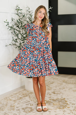 Petal to the Metal Flutter Sleeve Dress in Navy/Coral-Dresses-Ave Shops-Motis & Co Boutique, Women's Fashion Boutique in Carthage, Missouri