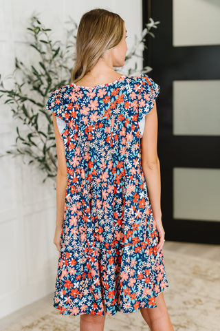 Petal to the Metal Flutter Sleeve Dress in Navy/Coral-Dresses-Ave Shops-Motis & Co Boutique, Women's Fashion Boutique in Carthage, Missouri