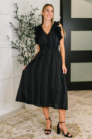 Pinstripe Romance V-Neck Ruffle Sleeve Dress in Black-Womens-Ave Shops-Motis & Co Boutique, Women's Fashion Boutique in Carthage, Missouri