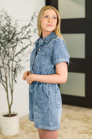 Pleasant and Relevant Denim Romper-Jumpsuits & Rompers-Ave Shops-Motis & Co Boutique, Women's Fashion Boutique in Carthage, Missouri