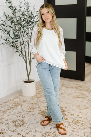 Preoccupied Striped Sleeve Top in Tan-Short Sleeves-Ave Shops-Motis & Co Boutique, Women's Fashion Boutique in Carthage, Missouri