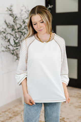 Preoccupied Striped Sleeve Top in Tan-Short Sleeves-Ave Shops-Motis & Co Boutique, Women's Fashion Boutique in Carthage, Missouri