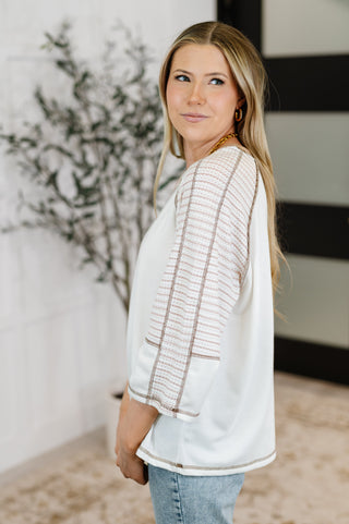 Preoccupied Striped Sleeve Top in Tan-Short Sleeves-Ave Shops-Motis & Co Boutique, Women's Fashion Boutique in Carthage, Missouri