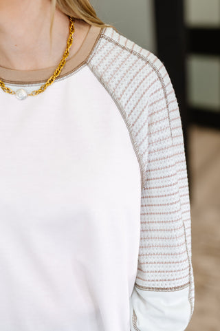 Preoccupied Striped Sleeve Top in Tan-Short Sleeves-Ave Shops-Motis & Co Boutique, Women's Fashion Boutique in Carthage, Missouri
