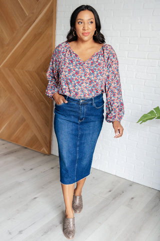 Sunday Brunch Blouse in Denim Floral-Long Sleeves-Ave Shops-Motis & Co Boutique, Women's Fashion Boutique in Carthage, Missouri