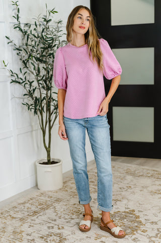 Textured Balloon Sleeve Blouse in Pink-Short Sleeves-Ave Shops-Motis & Co Boutique, Women's Fashion Boutique in Carthage, Missouri