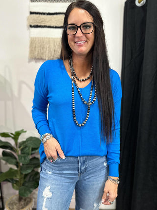 V-Neck Front Seam Sweater Ocean Blue-Sweaters-Zenana-Motis & Co Boutique, Women's Fashion Boutique in Carthage, Missouri