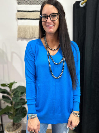 V-Neck Front Seam Sweater Ocean Blue-Sweaters-Zenana-Motis & Co Boutique, Women's Fashion Boutique in Carthage, Missouri