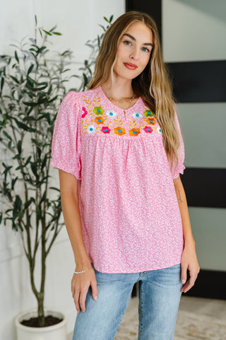 Wander Bloom Embroidered Puff Sleeve Blouse in Pink-Short Sleeves-Ave Shops-Motis & Co Boutique, Women's Fashion Boutique in Carthage, Missouri