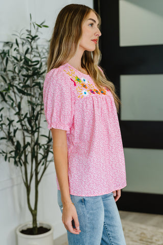 Wander Bloom Embroidered Puff Sleeve Blouse in Pink-Short Sleeves-Ave Shops-Motis & Co Boutique, Women's Fashion Boutique in Carthage, Missouri