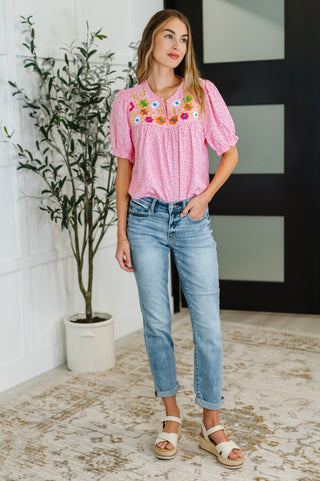 Wander Bloom Embroidered Puff Sleeve Blouse in Pink-Short Sleeves-Ave Shops-Motis & Co Boutique, Women's Fashion Boutique in Carthage, Missouri