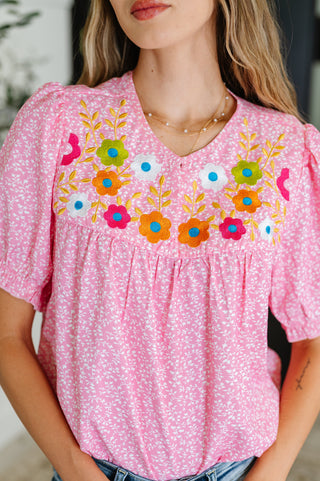 Wander Bloom Embroidered Puff Sleeve Blouse in Pink-Short Sleeves-Ave Shops-Motis & Co Boutique, Women's Fashion Boutique in Carthage, Missouri