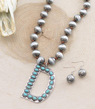 Turquoise Cowboy Pearl Initial Necklace-Necklaces-The Rustic Cactus-Motis & Co Boutique, Women's Fashion Boutique in Carthage, Missouri