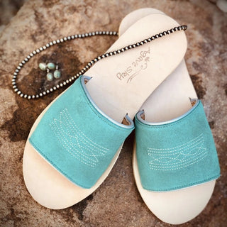 Nadia Turquoise Western Boot Stitch Agave Sky Slide Sandals-Sandals-Agave Sky-Motis & Co Boutique, Women's Fashion Boutique in Carthage, Missouri