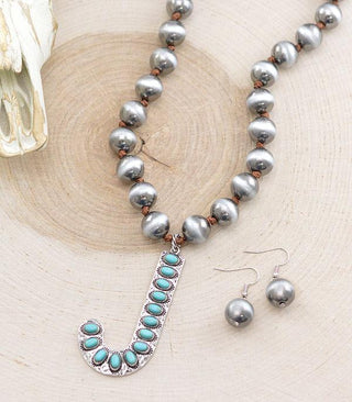 Turquoise Cowboy Pearl Initial Necklace-Necklaces-The Rustic Cactus-Motis & Co Boutique, Women's Fashion Boutique in Carthage, Missouri