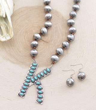 Turquoise Cowboy Pearl Initial Necklace-Necklaces-The Rustic Cactus-Motis & Co Boutique, Women's Fashion Boutique in Carthage, Missouri