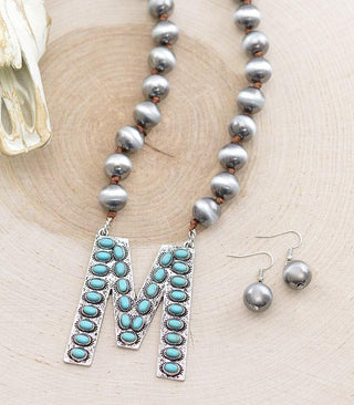 Turquoise Cowboy Pearl Initial Necklace-Necklaces-The Rustic Cactus-Motis & Co Boutique, Women's Fashion Boutique in Carthage, Missouri