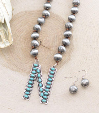 Turquoise Cowboy Pearl Initial Necklace-Necklaces-The Rustic Cactus-Motis & Co Boutique, Women's Fashion Boutique in Carthage, Missouri