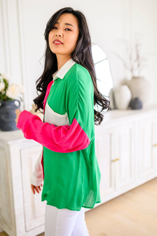 Capture the Day Two Toned Button Up Kelly-Short Sleeves-Ave-Motis & Co Boutique, Women's Fashion Boutique in Carthage, Missouri