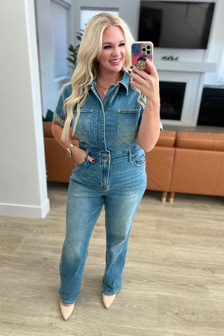 Sylvia Short Sleeve Denim Jumpsuit-Jumpsuits & Rompers-Ave-Motis & Co Boutique, Women's Fashion Boutique in Carthage, Missouri