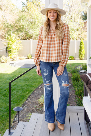 One Fine Afternoon Gingham Plaid Top In Caramel-Long Sleeves-Ave-Motis & Co Boutique, Women's Fashion Boutique in Carthage, Missouri