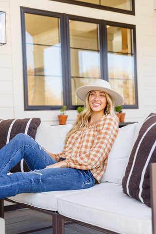 One Fine Afternoon Gingham Plaid Top In Caramel-Long Sleeves-Ave-Motis & Co Boutique, Women's Fashion Boutique in Carthage, Missouri